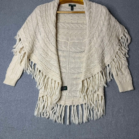 Vintage Lauren Jeans Co RL Alpaca X Natural Fringed‎ Cardigan Size Small Boho